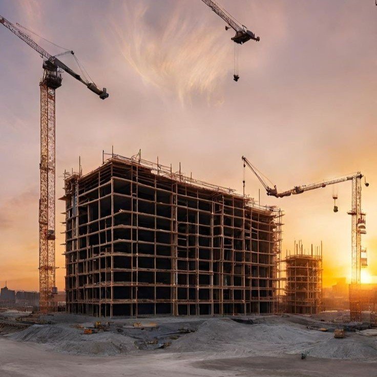 A high-rise commercial building under construction at sunset. As part of our Real Estate Services in Delhi NCR, we help businesses buy and lease prime commercial property, shops, and office spaces in Noida, Ghaziabad, and Hapur.