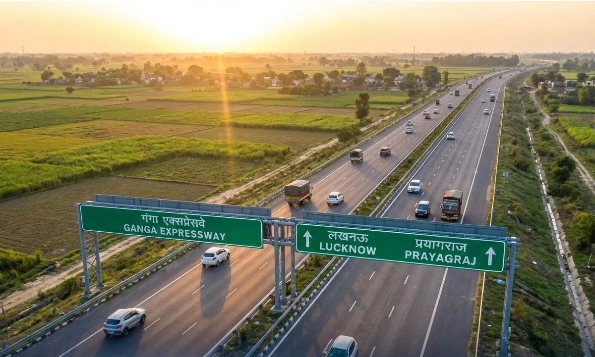 Aerial view of a major national highway with overhead signboards surrounded by green fields. Partner with a Trusted Property Dealer in Delhi NCR to secure prime commercial and residential properties along high-visibility highways.