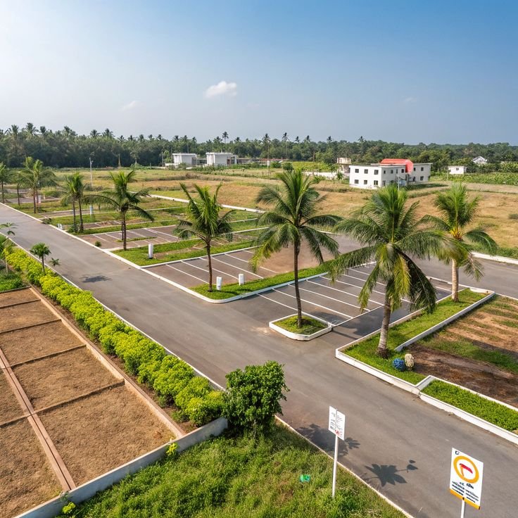 Aerial view of newly developed plots with paved roads and palm trees. We provide expert Real Estate Services in Delhi NCR, securing prime highway land for township development and high-ROI investments in Hapur.