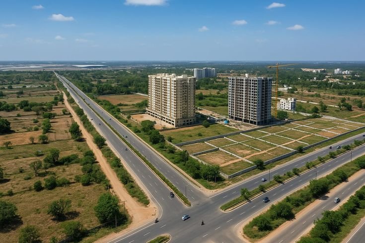 An aerial perspective of a new residential township development project next to a national highway intersection and green fields in Hapur. Mukhiya G Estates is a Trusted Property Dealer in Delhi NCR, helping builders acquire large land plots for such major projects.